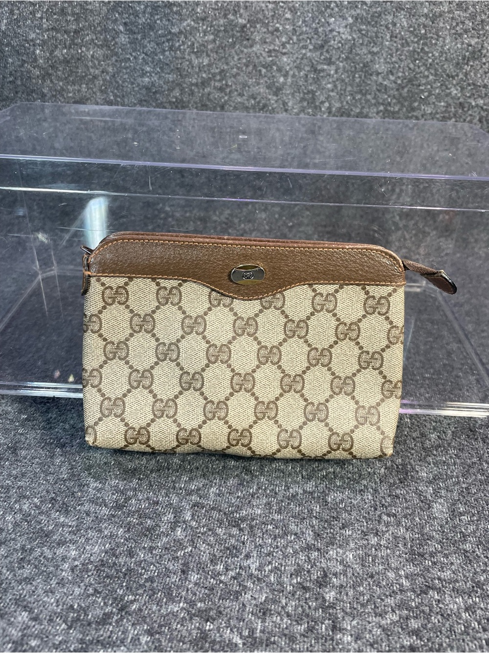 GUCCI Accessory Collection Pouch Brown Beige Canvas & Leather Vintage RARE 1989